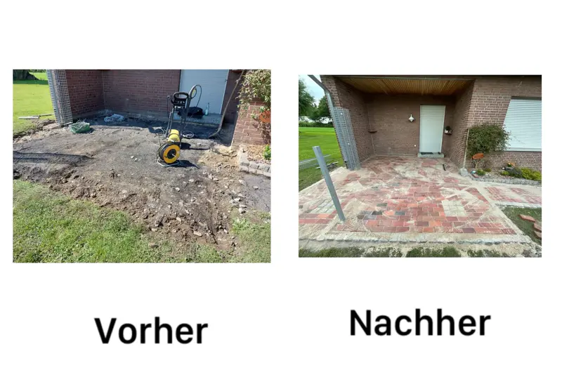 Terrassenbereich vor und nach der Pflasterung